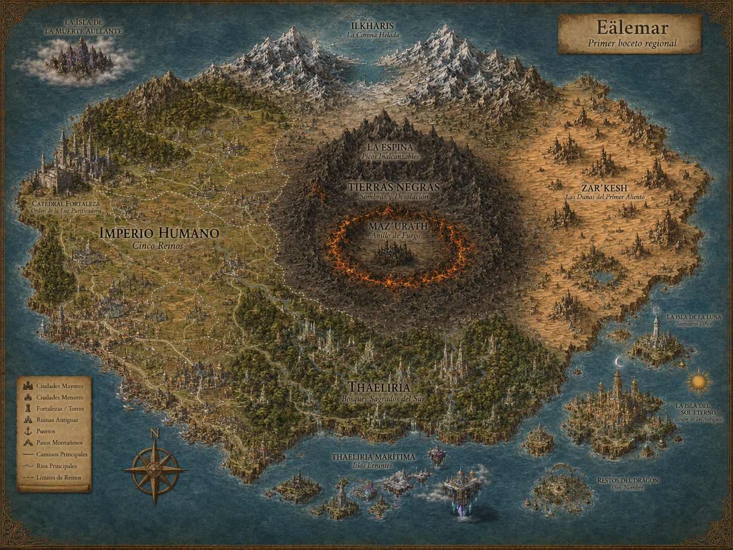 Mapa ilustrado del continente de Eälemar, con sus cumbres heladas al norte, sus tierras volcánicas al oeste, el bosque central y las costas doradas del este.