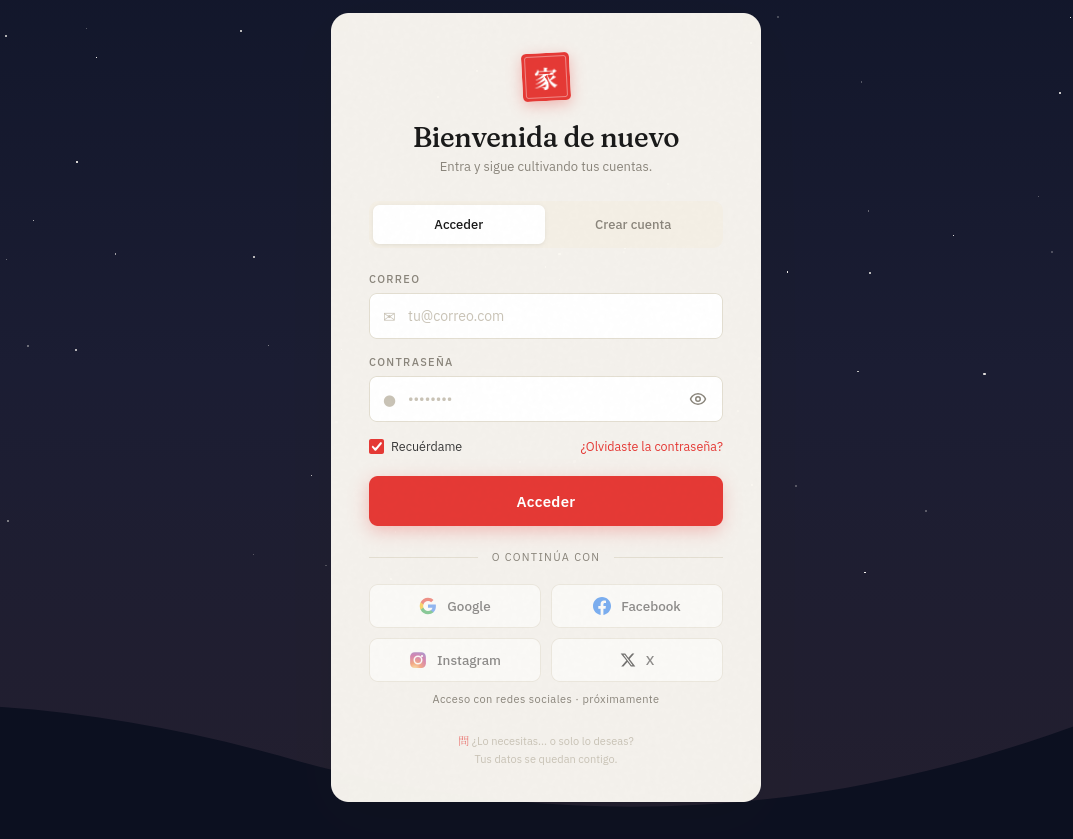 Vista de inicio de la aplicación Kakebo Online: cuatro tarjetas numeradas en japonés con las preguntas mensuales, cada una con dato principal y barra de progreso, junto a la lista de movimientos recientes.