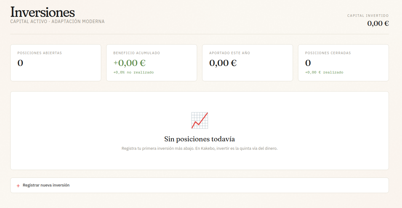Vista de inversiones de Kakebo Online con estética dorada y badge BETA: posiciones con capital invertido, objetivo de beneficio, límite de pérdida y estado de cada operación.