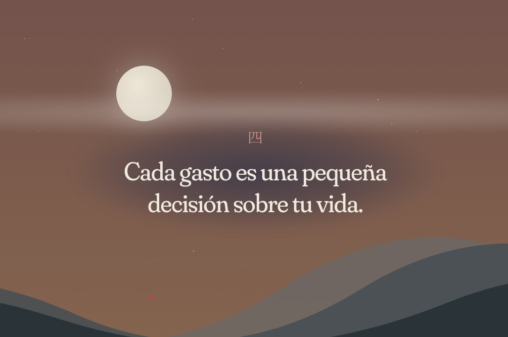 Sección narrativa de Kakebo Online: capas de montañas en silueta con parallax, un astro que transiciona de sol a luna y nubes de pensamiento con frases sobre gasto consciente.